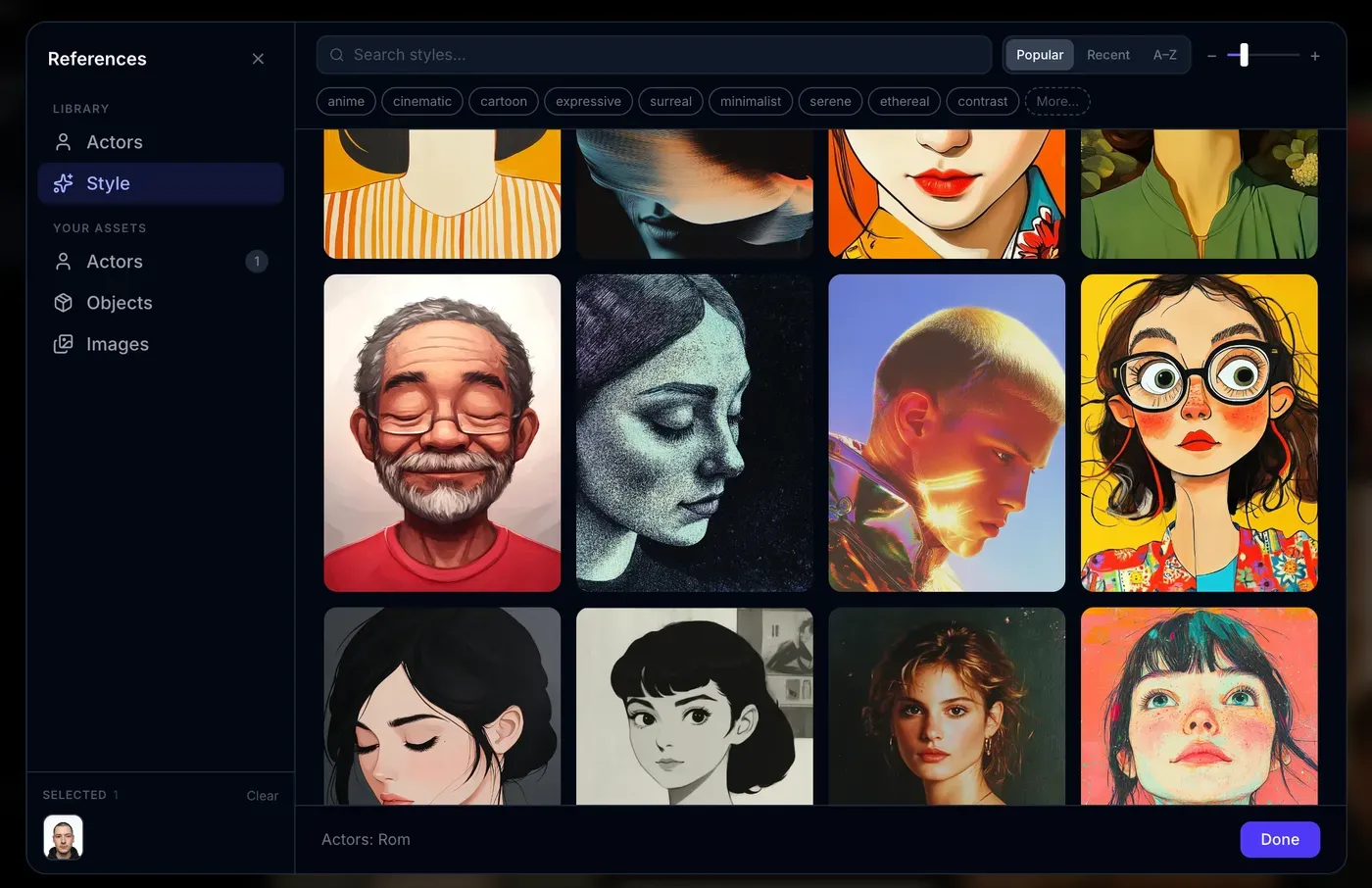 Visual styles library with anime, cinematic, cartoon, and more